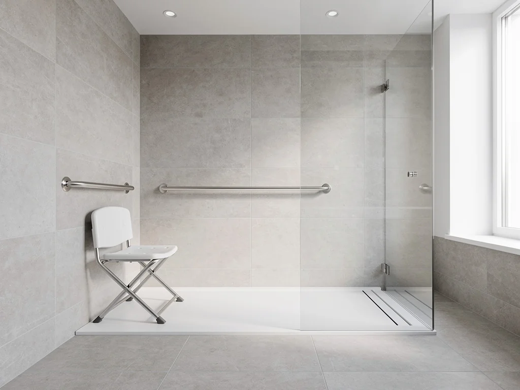 Douche de plain-pied sécurisée avec barre d'appui et siège rabattable