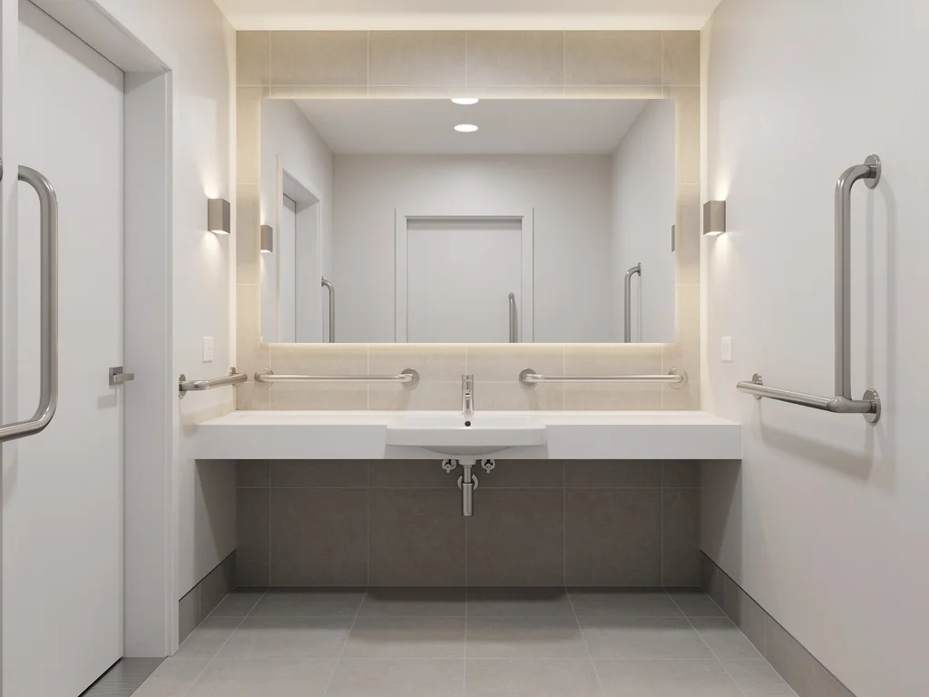 Salle de bain accessible avec lavabo suspendu dégagé pour fauteuil roulant