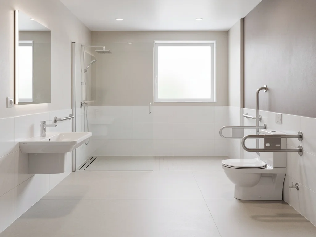 Sol antidérapant et large espace de circulation dans une salle de bain adaptée