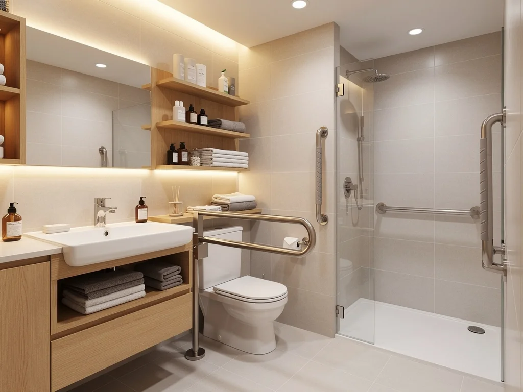 Salle de bain senior claire avec robinetterie thermostatique à levier